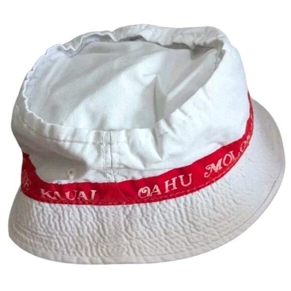 Vtg Eight Islands of Hawaii Bucket Hat White Red Beach Surf Triangle Headwear - Picture 1 of 11